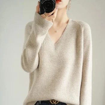 2021 Есенно-зимния пуловер вязаный пуловер За жени с V-образно деколте на извънгабаритни пуловер Женски свободен Топ с дълъг ръкав Пуловер-скок Y576