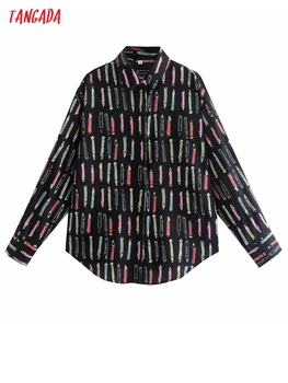 Тангада 2021 Есента на женската риза с принтом молив Блуза с дълъг ръкав Луксозен Дамски Офис дама Върховете 8Y158