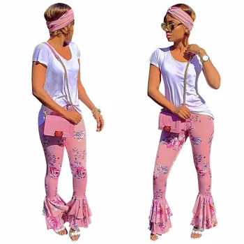 Нова Мода Летни Розови Разкроена панталони с цветни накъдрен Драпирани Панталони с принтом Дами Нов Прием на Широки и тесни панталони Палацо Гореща 1