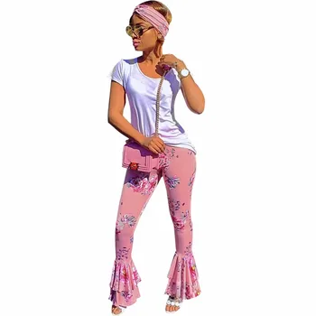 Нова Мода Летни Розови Разкроена панталони с цветни накъдрен Драпирани Панталони с принтом Дами Нов Прием на Широки и тесни панталони Палацо Гореща 2