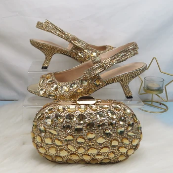 Баояфан Champagne Gold Crystal Вечерни сандали в Чантата си Сватба сватбени обувки с отворени пръсти дамска мода Странен ток Модни сандали 2