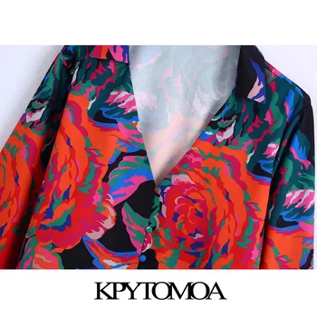 KPYTOMOA Дамска мода със затворени бутони Блузи с флорални принтом Ретро V-образно деколте с дълъг ръкав Дамски ризи Blusas Шик върховете