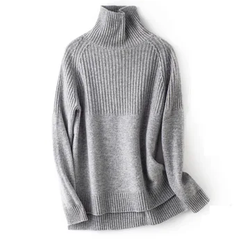 Есен-зима нарязан на извънгабаритни дебел пуловер пуловер Жена Топ 2021 свободен кашмир поло пуловер пуловер женски жилетка 2