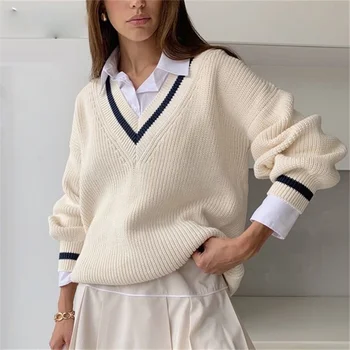 2021 Есен в европейския и американския стил Дамски ежедневни линия в контрастен цвят за отслабване Свободен пуловер с дълъг ръкав За жени 1