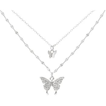 Сребърни Колиета и висулки с двойни пеперуди от сребро 925 проба за жени Висококачествена бижутерия верижка от сребро