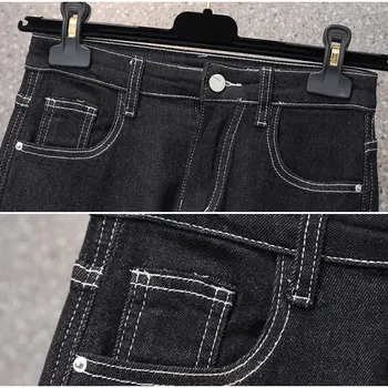 Корейски копчета Лоскутные Участък прави дънки Реколта черни широки панталони с висока талия Градинска облекло Дънкови панталони с маншети за гадже