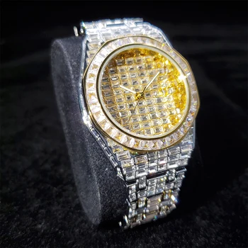 Хип - хоп Нови мъжки бизнес часовници с матирано златист корпус Кварцов часовник с бриллиантовым циферблат Луксозна марка Мъжки ръчен часовник Мъжки бижута подарък 1
