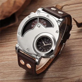Oulm Нов прием на Уникален дизайн на Мъжки кварцови часовници с две часови зони, Спортни мъжки часовник от изкуствена кожа Ежедневни мъжки военни ръчен часовник 1