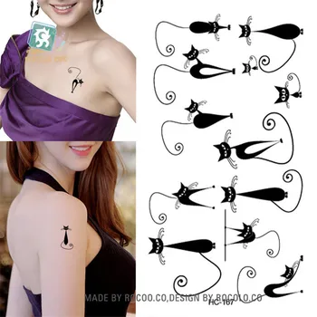 Боди-арт секс стоки водоустойчив временни татуировки за мъже и жени Прекрасна черна котка, дизайн на флаш татуировка стикер HC1167 1