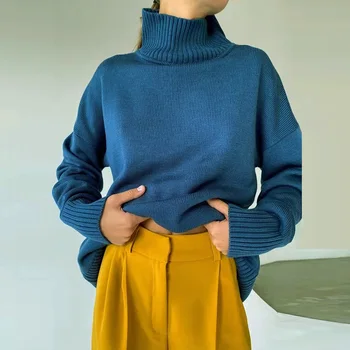 Дамски однотонная поло Възли блузи с дълъг ръкав Са за по оребрени пуловери 2021 Есен Основния женски Случайни трикотаж жилетка