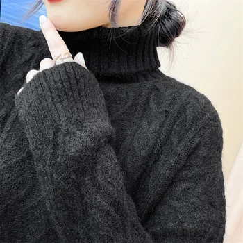 Жена пуловер с висока воротом Есен зима вязаное мини-рокля, Жилетка Дебели топли пуловери в голям размер, Свободни рокли Халат Pull Vestidos 1