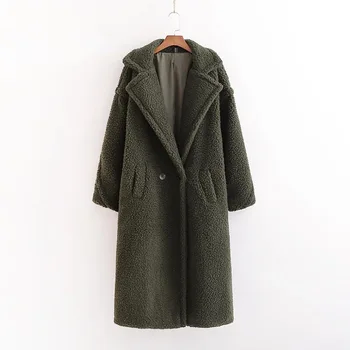 Топло зимно палто от изкуствена вълна агнешко Дамски дълги якета Монофонични отложной яка с однобортными джобове 2021 Нов Корейски Свободен елегантен 2