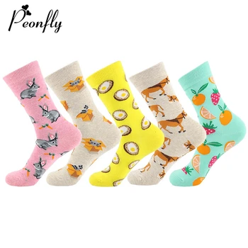 PEONFLY Нови пролетни дамски чорапи 2020 година Памук цветни мультяшные Сладки заешки котки Забавни щастливи Кавайные чорапи за момичета Коледен подарък 2
