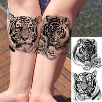 3D Черен Тигър Рози Цвете Временни Татуировки За Жени на Възрастни Мъже Реалистични Черни Животни Фалшиви Татуировки Лъв Предмишницата Пере Татуировки