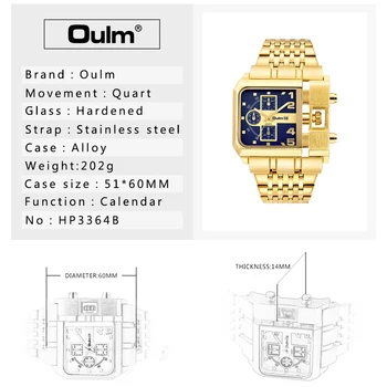 Златни луксозни кварцов мъжки часовник Oulm с каишка от неръждаема стомана часовник с функция календар Елегантен Квадратен циферблат 2021New 1