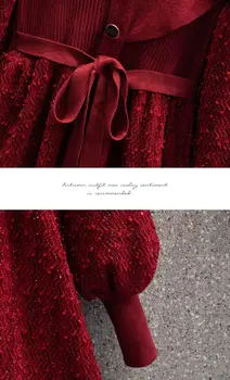 Коледа вязаное вечерна рокля Жаккардовая дамски дрехи с волани V-образно деколте Фенер с дълъг ръкав и висока талия Зимни рокли за жени хавлия 1