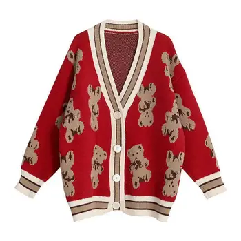 Ред Модерен свободен жилетка с V-образно деколте за жени 2021 нов пуловер, яке дамски червена дрехи с дълъг ръкав свободна горна дреха с джобове за копчета > Пуловер / www.yorkshireclaims.co.uk 11