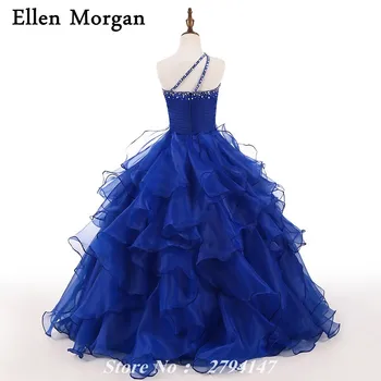 Королевско - сини рокли за момичета на конкурс за красота за малки деца Принцеса от органза, украсено с мъниста, камъни, Разкошни бални рокли, Цветя, Бала 2