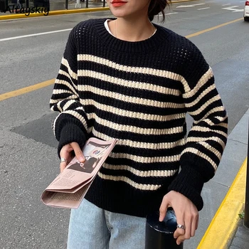 Шарени женски пуловер с дълъг ръкав в корейски стил, с кръгло деколте, топъл мек Свободен модерен свободно време, универсална сладък връхни дрехи, луксозни плетени блузи