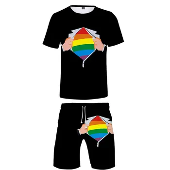 ЛГБТ мода 3D принт от две части, костюм на мъже, жени дрешки дъгата флаг лесбийки, гей Харадзюку тениска къси панталони рокля 2