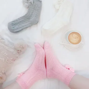 Зимни дебели топли възли дамски чорапи с помпоном, дамски чорапи със средна дължина, Ежедневни мини чорапи на щиколотке за момичета 1