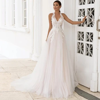 Сватбена рокля Vestido De Noiva 2021 Трапециевидное сватбена рокля Елегантна Тюл с аппликацией Халат Сватбени рокли за жени Halter Трувюрк Boda Прости 2