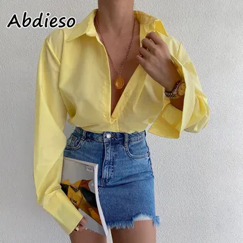 Abdieso Бяла елегантна блуза Za За жени 2021 Зелена пуговица с дълъг ръкав Секси дамски есенни свободни ежедневни Топ Ризи, Модни 1