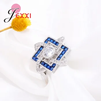 Квадратно пръстен от сребро 925 проба За жени Директна доставка на Луксозни цветя дизайн със синьо-бял циркониевым кристал CZ Пръстен Бижута 1
