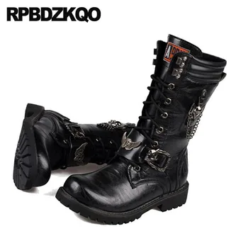 Метални обувки от изкуствена кожа, украсени с винтажными мотоциклетными обувки, зимни в британския стил, черни модни обувки на висок ток до средата на прасците За мъже, набит пънк 1