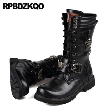 Метални обувки от изкуствена кожа, украсени с винтажными мотоциклетными обувки, зимни в британския стил, черни модни обувки на висок ток до средата на прасците За мъже, набит пънк 2