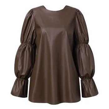 Мода есен блуза от изкуствена кожа ZANZEA За жените е Елегантно, с кръгло деколте и пищните ръкави Ежедневни риза Клубни върхове Секси стегнато с отворен гръб Blusas 2