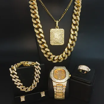Луксозни мъжки Часовник в Златен цвят, Колие, Гривна , Пръстен и Обици, Комбиниран набор от Куба часове, Хип-хоп, Огърлица, верижка за мъже 1