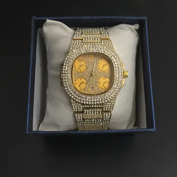 Луксозни мъжки Часовник в Златен цвят, Колие, Гривна , Пръстен и Обици, Комбиниран набор от Куба часове, Хип-хоп, Огърлица, верижка за мъже 2